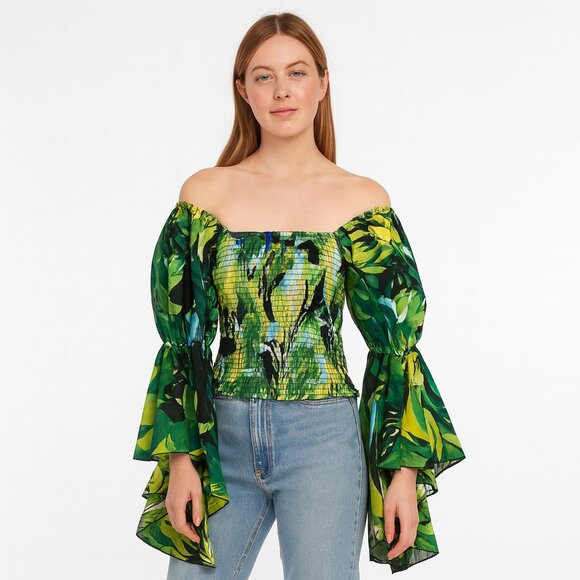 Live 4 Truth Off Shoulder Long Sleeve Green Floral Rave Festival Top Size Small - Picture 1 of 10